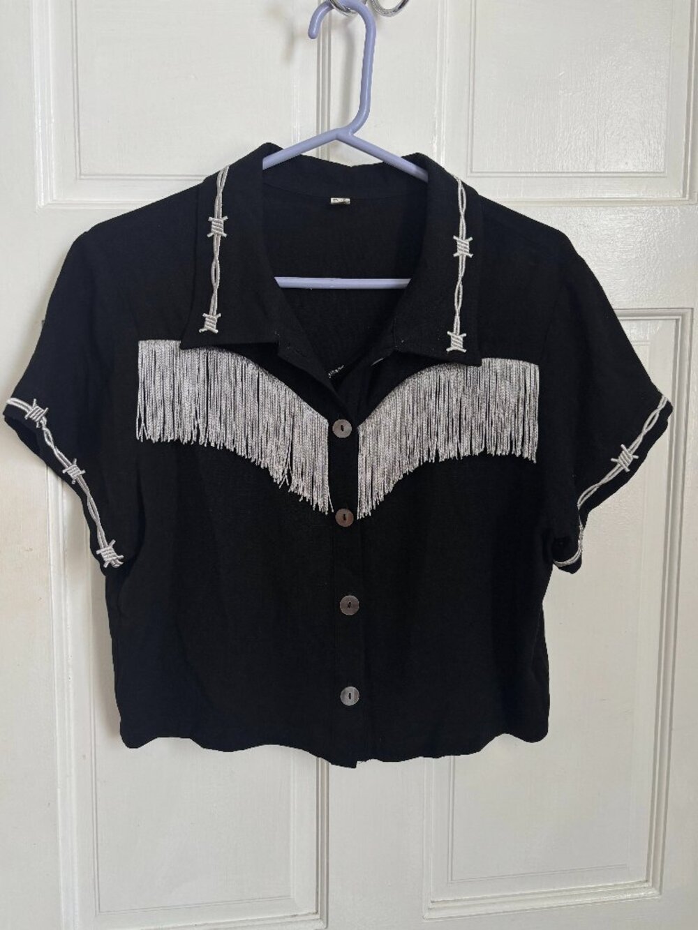 Fashion Brand Company Pammy Fringe Top Black Blouse Barbed Wire Short Sleeve M